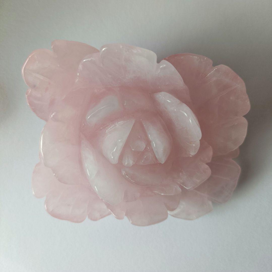 花 S ローズクォーツ　大きな　薔薇　芍薬　牡丹　彫刻　天然石　置物