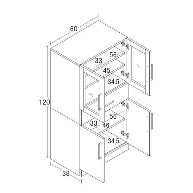 鏡面メラミン仕様 食器棚 幅60cm 高さ120cm カップボード（761）