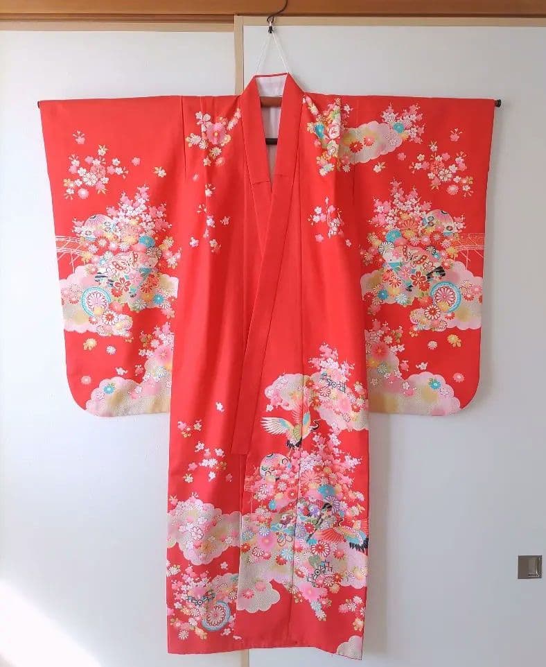 七五三用赤い花柄着物セット　フルセット　7歳　華やか　作り帯