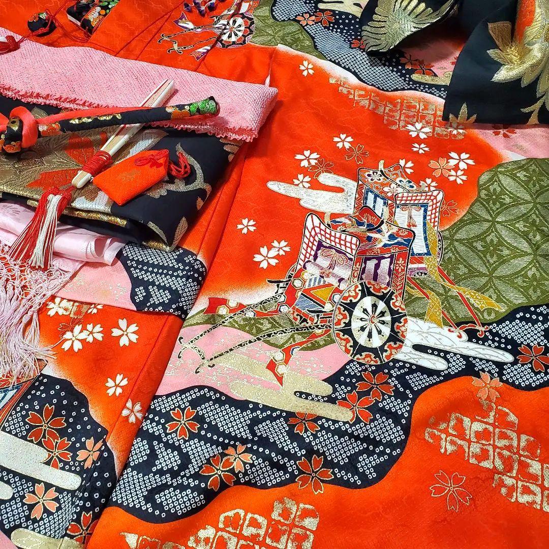 七五三 7歳 四つ身 正絹 子供 着物 作り帯 女の子長襦袢 フルセット