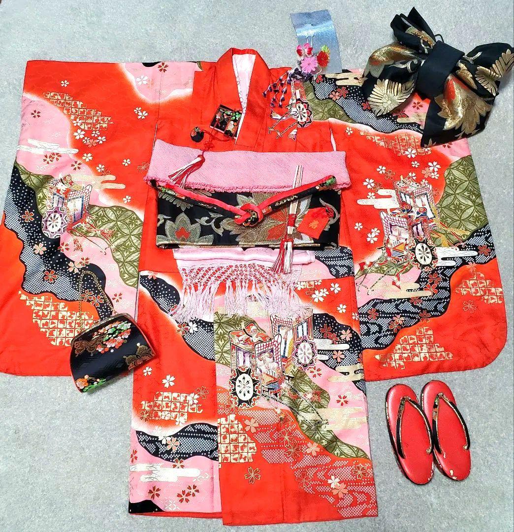 七五三 7歳 四つ身 正絹 子供 着物 作り帯 女の子長襦袢 フルセット