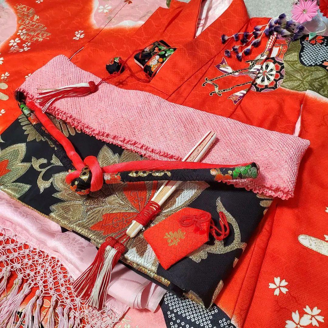 七五三 7歳 四つ身 正絹 子供 着物 作り帯 女の子長襦袢 フルセット