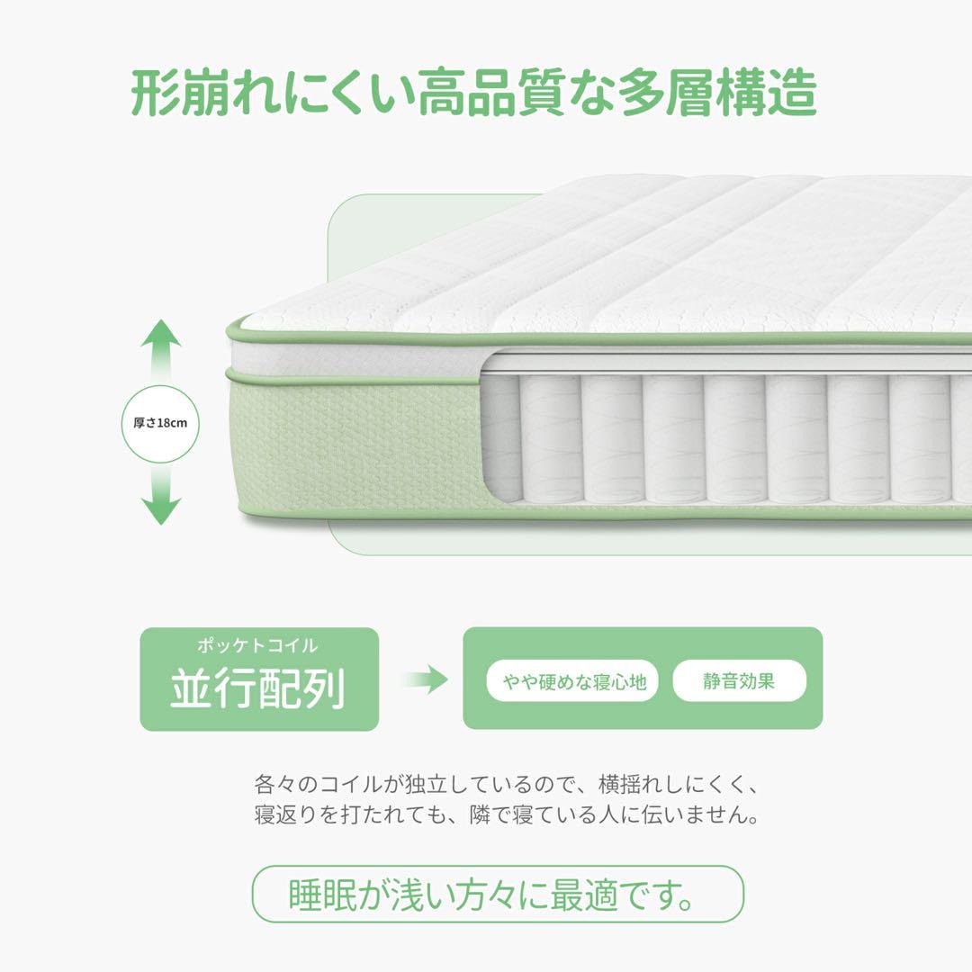 高密度ポケットコイルマットレス クイーン 厚さ18cm 体圧分散 やや硬め高反発