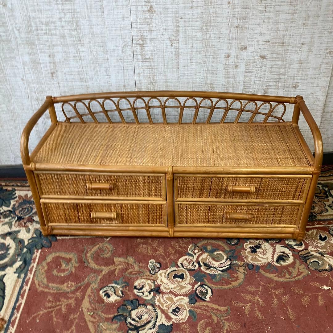 昭和レトロ ラタンサイドボード テレビ台 古家具 2段4杯 引き出し箪笥