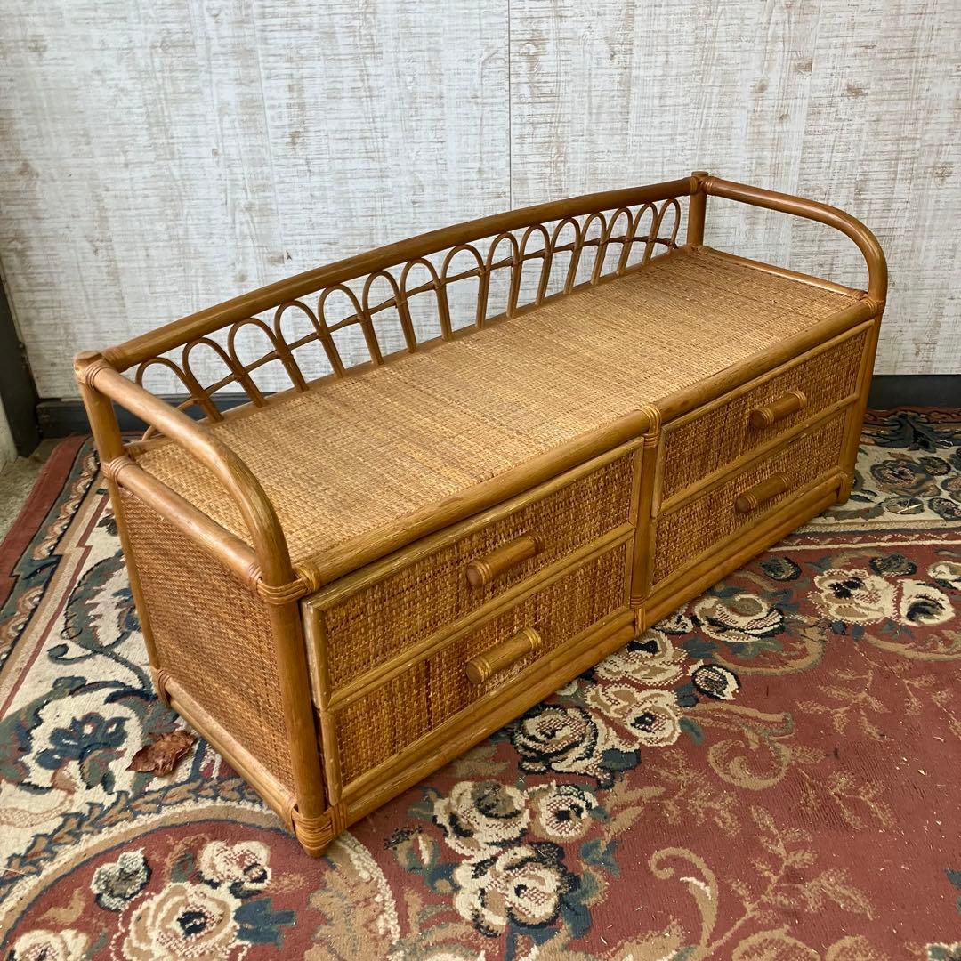 昭和レトロ ラタンサイドボード テレビ台 古家具 2段4杯 引き出し箪笥