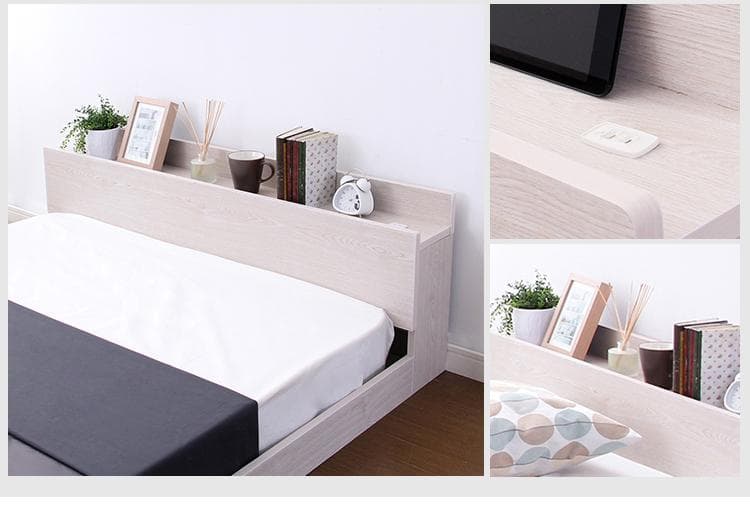 【シングル　ホワイトオーク】 棚とコンセント付きのフロアベッド <フレームのみ>