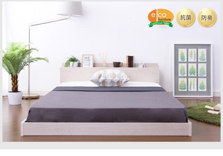 【シングル　ホワイトオーク】 棚とコンセント付きのフロアベッド <フレームのみ>