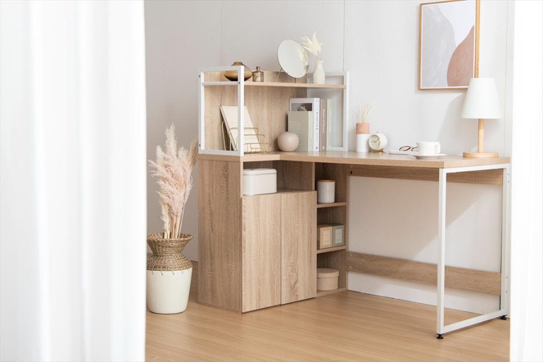 【送料無料】【幅120cm】L字収納・棚付きデスク 机 木目調 学習 PC