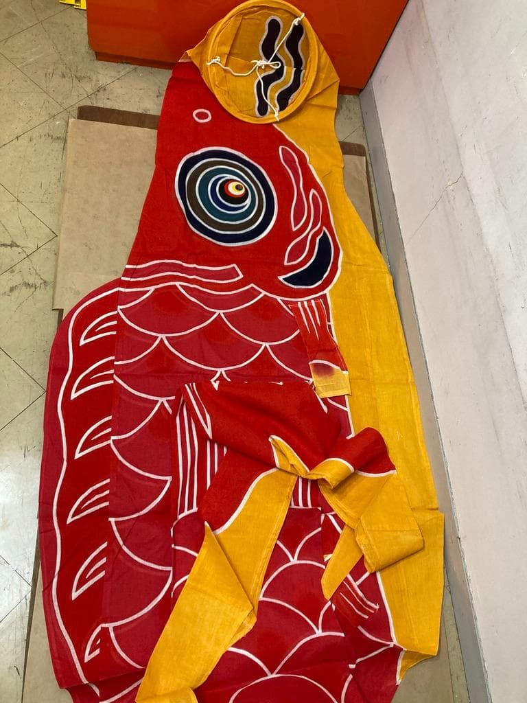 希少　太郎鯉 鯉のぼり 赤/黄4m x 吹き流し4m　木綿 新品 昭和レトロ#1