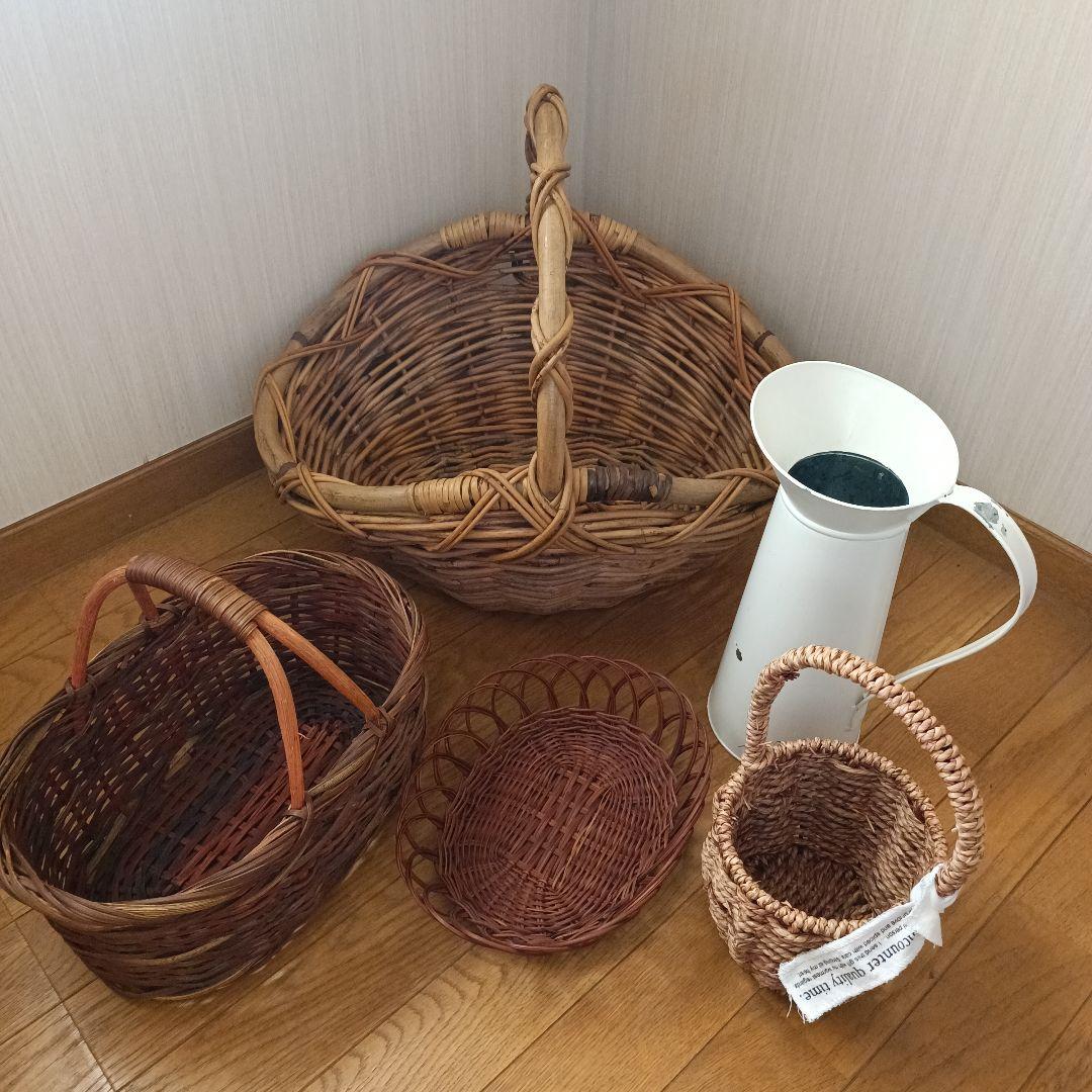 カゴ 籠4点+水差し 計5点 まとめ売り シャビーシック フレンチ ピッチャー