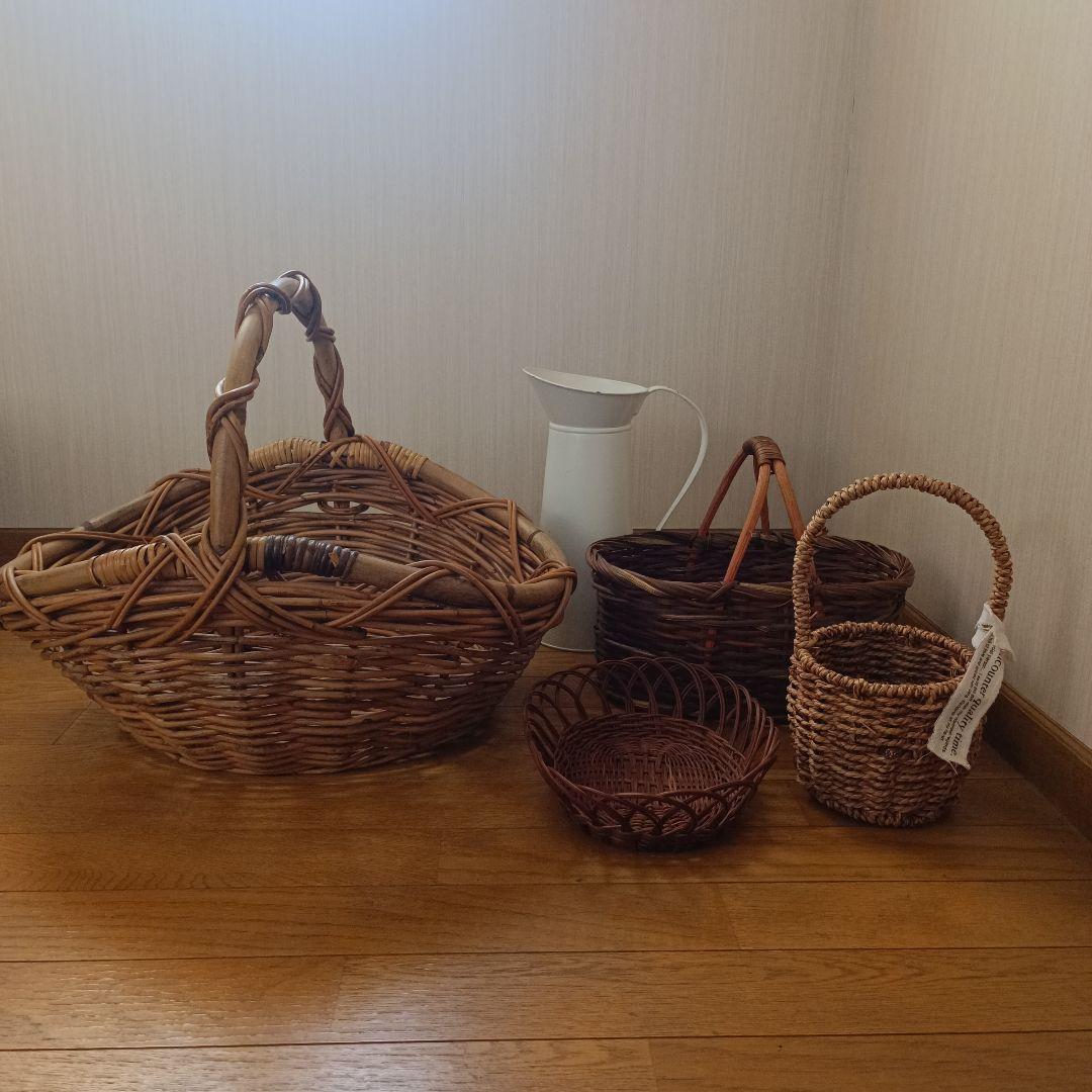 カゴ 籠4点+水差し 計5点 まとめ売り シャビーシック フレンチ ピッチャー