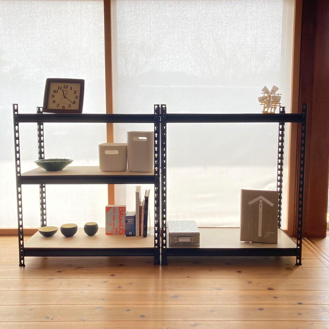 【送料無料】3段スチールラック 黒(棚板:ヒノキ合板)男前インテリア