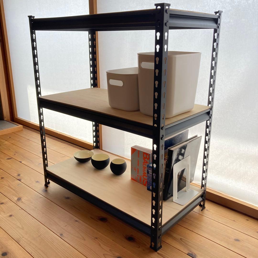 【送料無料】3段スチールラック 黒(棚板:ヒノキ合板)男前インテリア