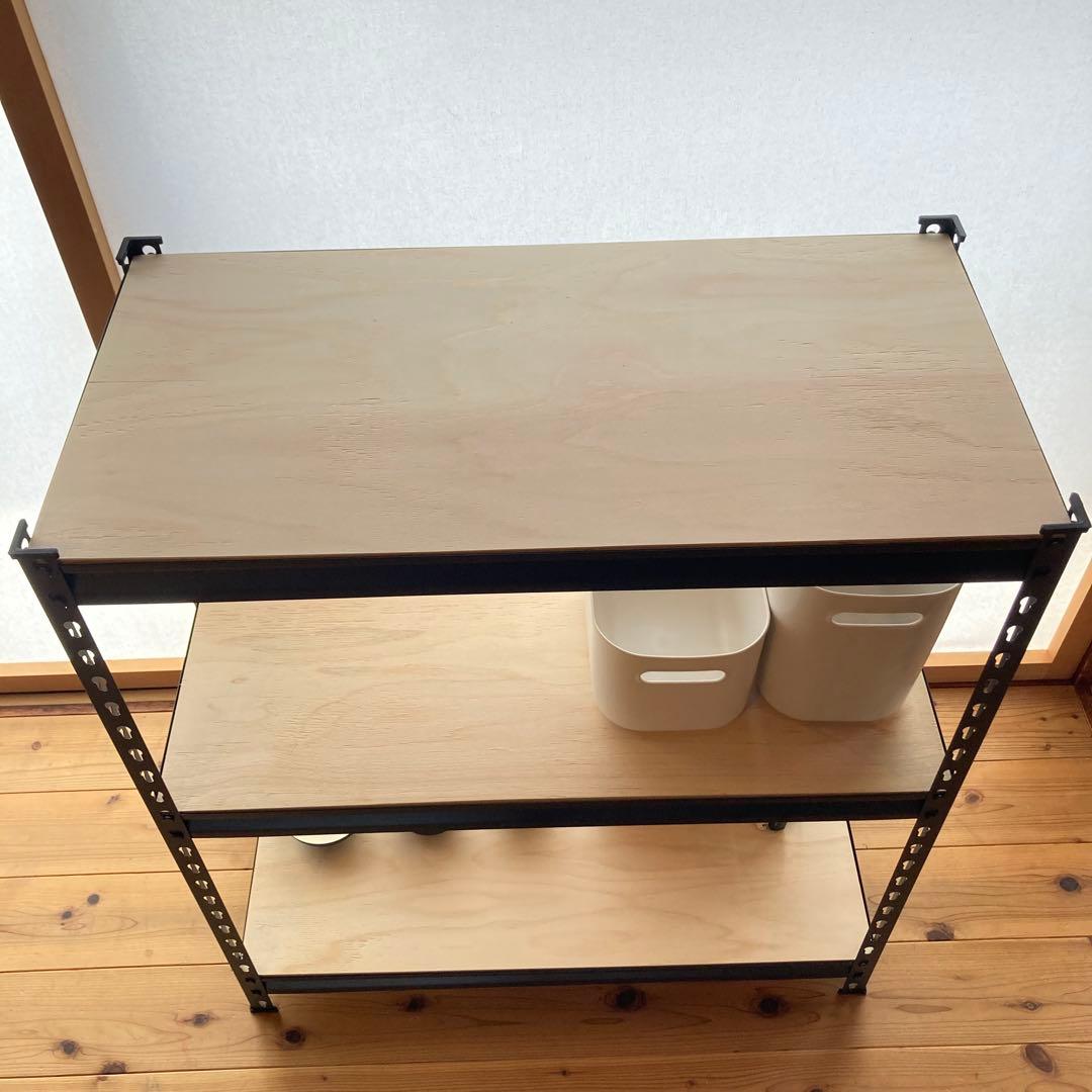 【送料無料】3段スチールラック 黒(棚板:ヒノキ合板)男前インテリア