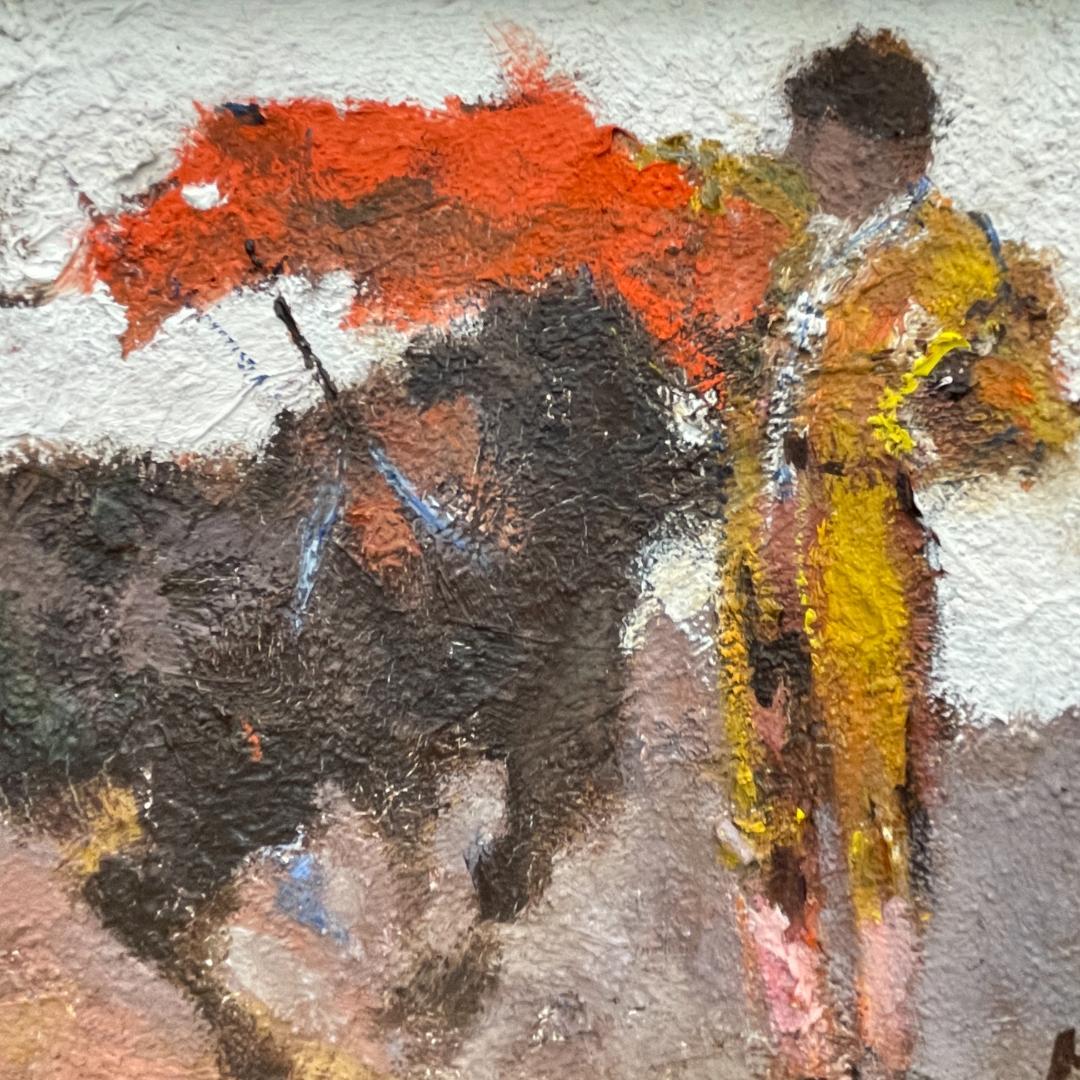 真作保証 友成晴雄『闘牛』油彩 肉筆 厚塗り 本人直筆サインあり R8SB16