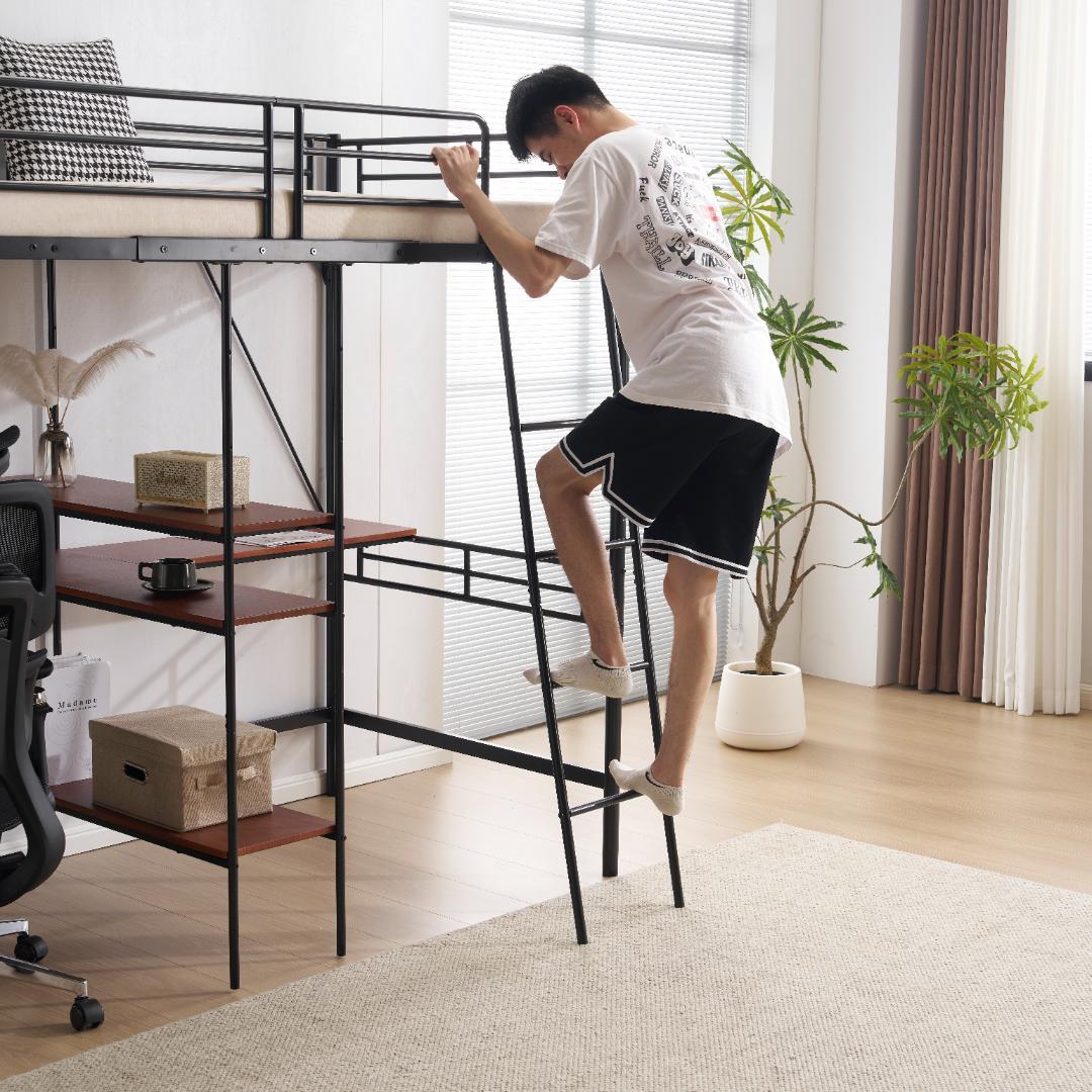 2025年新作 ロフトベッド シングル 収納棚付き 北欧風 木目 子供ベッド