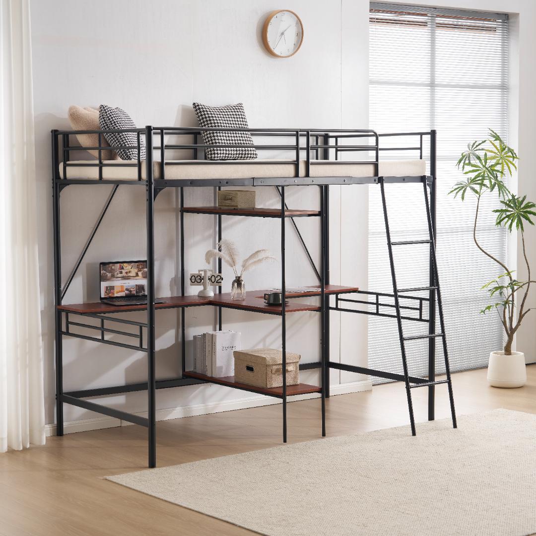 2025年新作 ロフトベッド シングル 収納棚付き 北欧風 木目 子供ベッド