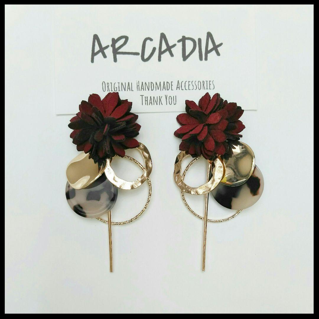 No.772【10ペア】ボルドー フラワー ハンドメイド ピアス イヤリング