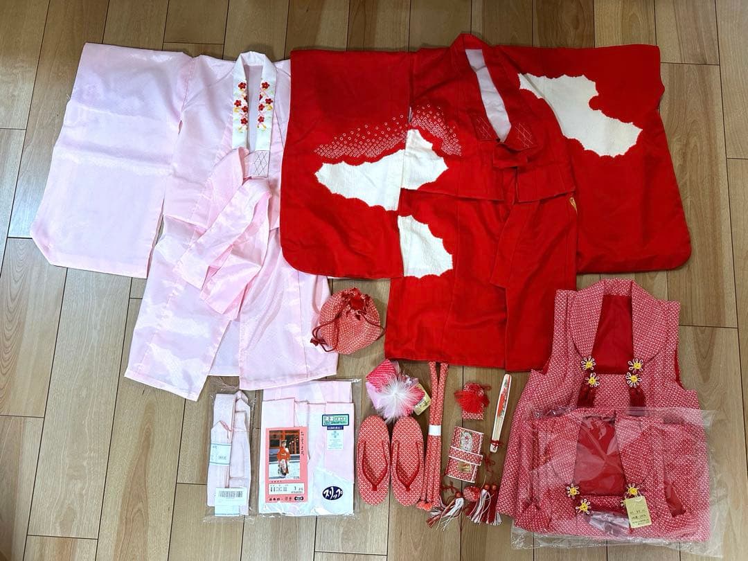 七五三 着物フルセット 正絹　刺繍　赤　被布　3才　女の子