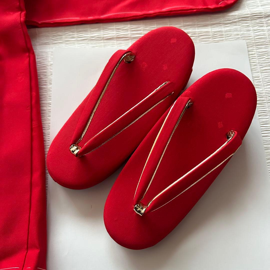 未使用品 七五三 3歳 着物 赤 総絞り 753 絹 被布 三歳 赤 草履 巾着