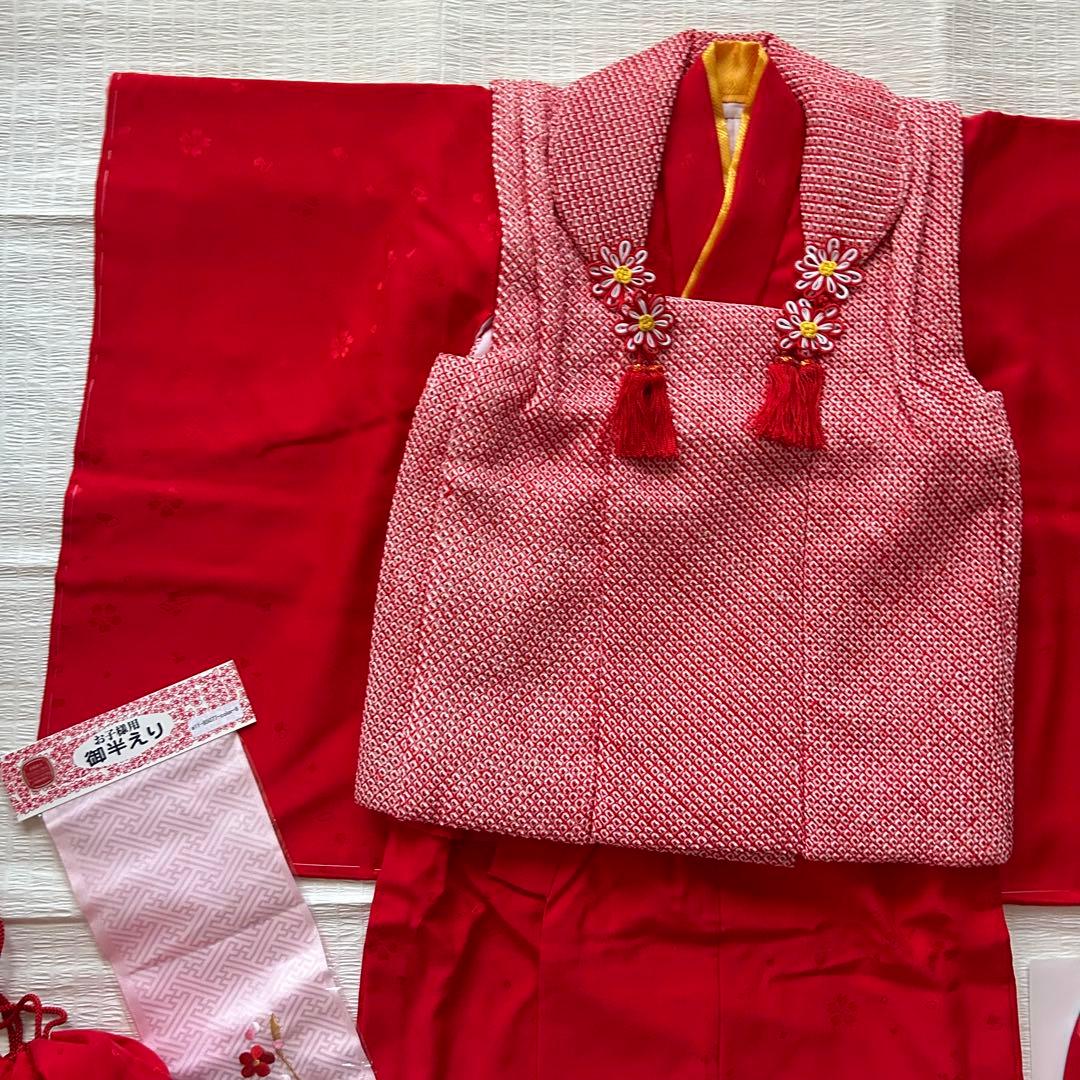 未使用品 七五三 3歳 着物 赤 総絞り 753 絹 被布 三歳 赤 草履 巾着