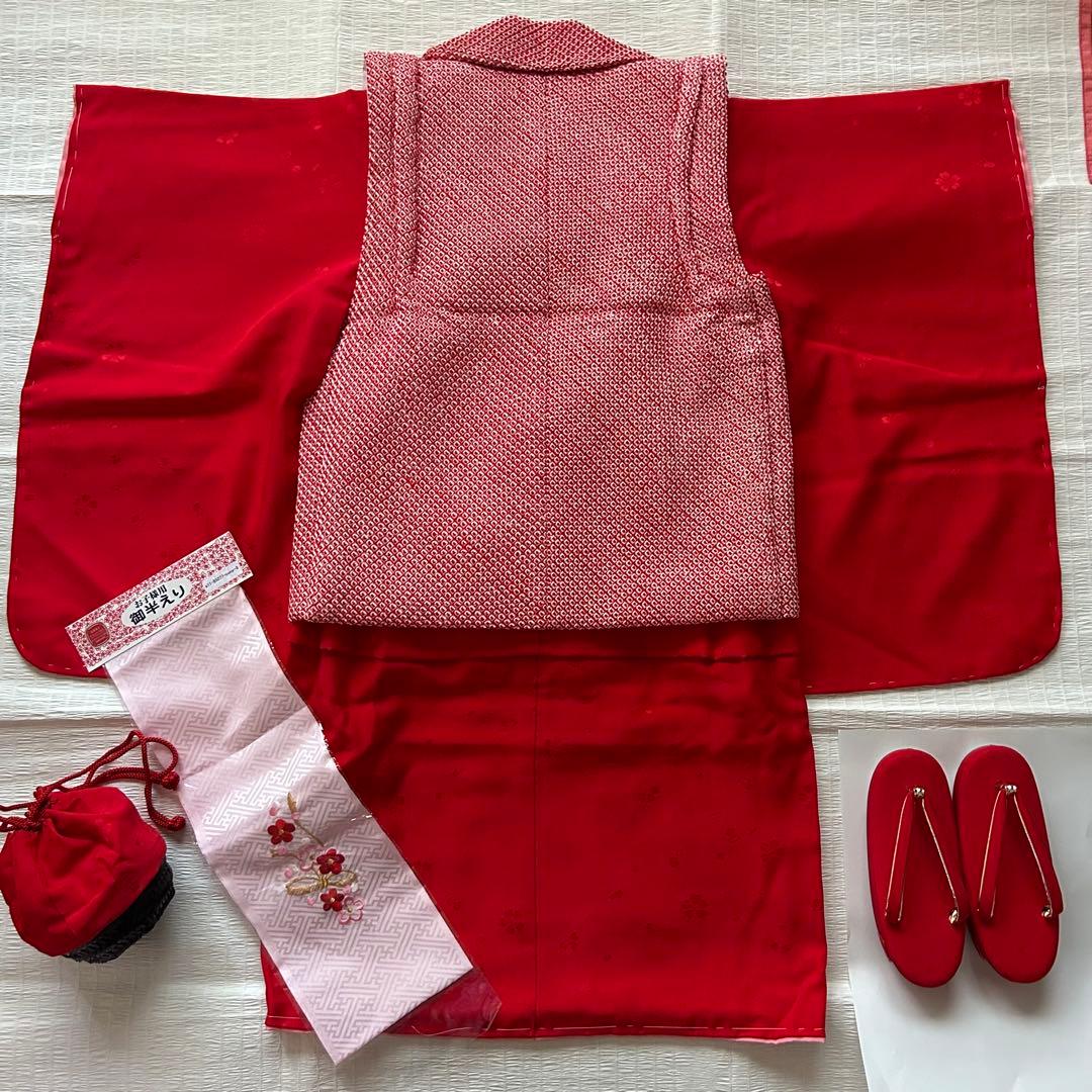 未使用品 七五三 3歳 着物 赤 総絞り 753 絹 被布 三歳 赤 草履 巾着