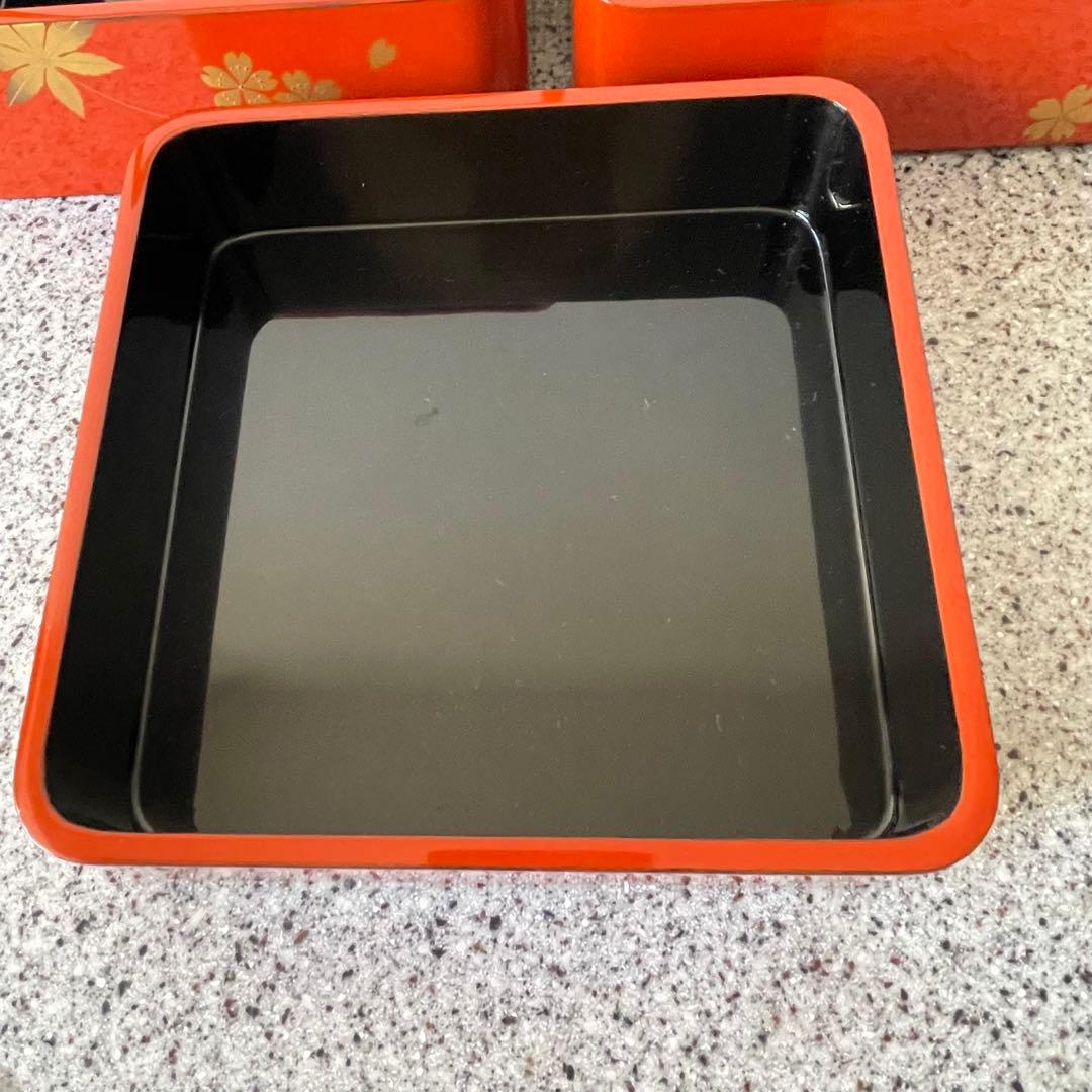 超美品　漆器　輪島塗　手提重　朱色　もみじ　桜　3段　重箱　お祝い　ひな祭り