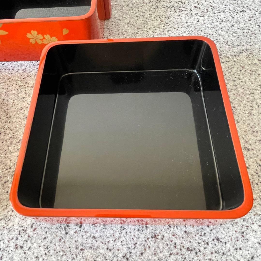 超美品　漆器　輪島塗　手提重　朱色　もみじ　桜　3段　重箱　お祝い　ひな祭り