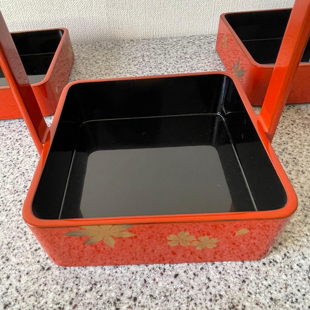 超美品　漆器　輪島塗　手提重　朱色　もみじ　桜　3段　重箱　お祝い　ひな祭り
