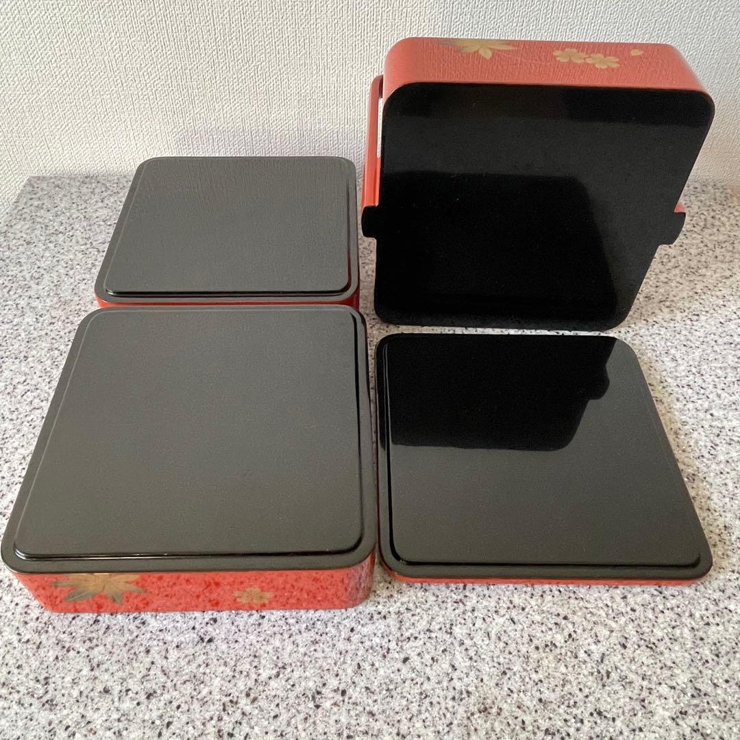 超美品　漆器　輪島塗　手提重　朱色　もみじ　桜　3段　重箱　お祝い　ひな祭り