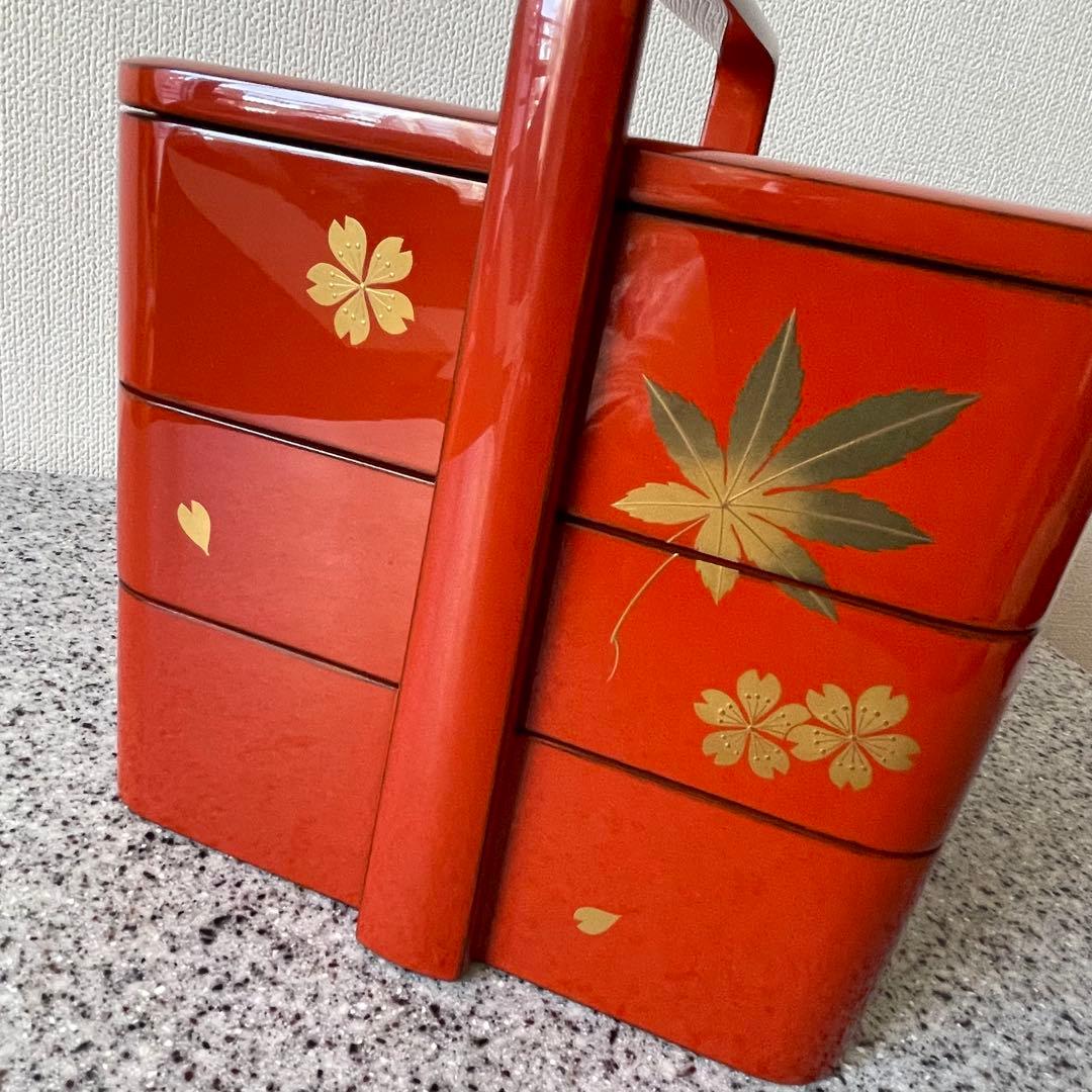超美品　漆器　輪島塗　手提重　朱色　もみじ　桜　3段　重箱　お祝い　ひな祭り