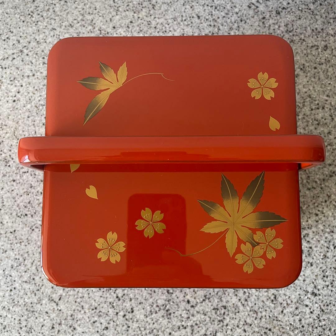 超美品　漆器　輪島塗　手提重　朱色　もみじ　桜　3段　重箱　お祝い　ひな祭り