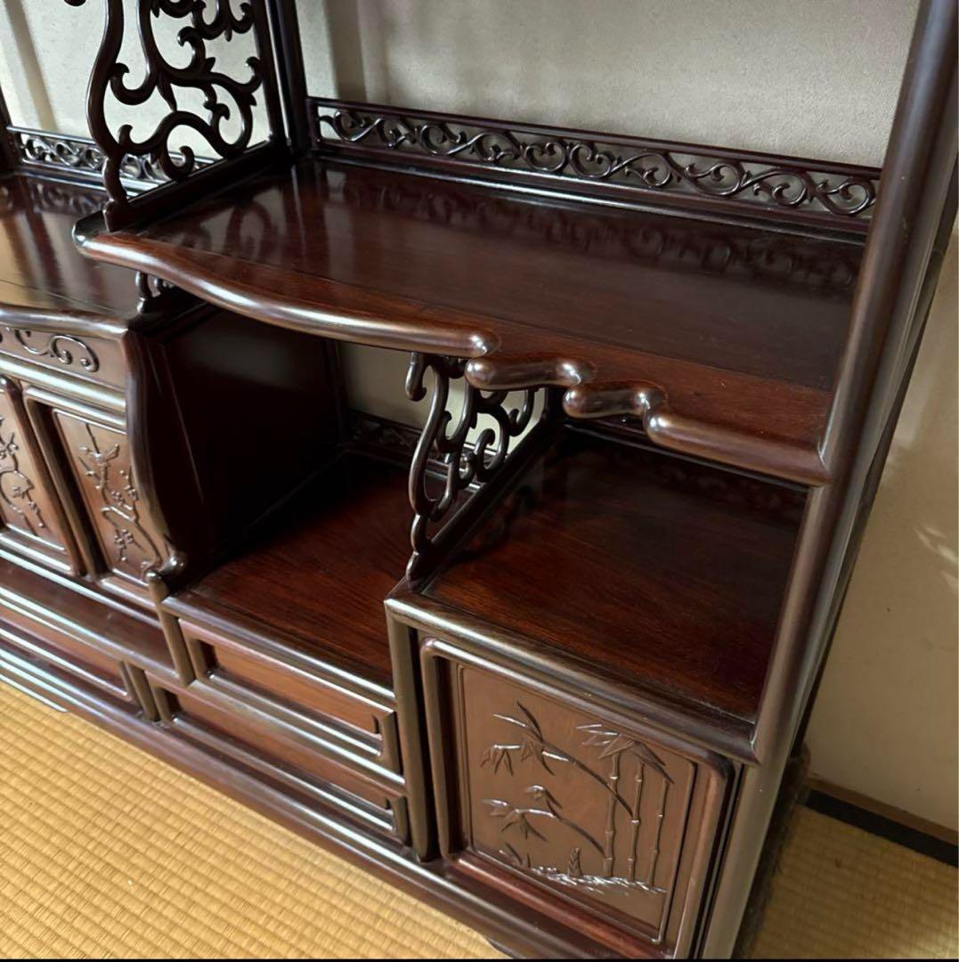 唐木家具 紫檀 茶箪笥 飾り棚 唐草透彫り