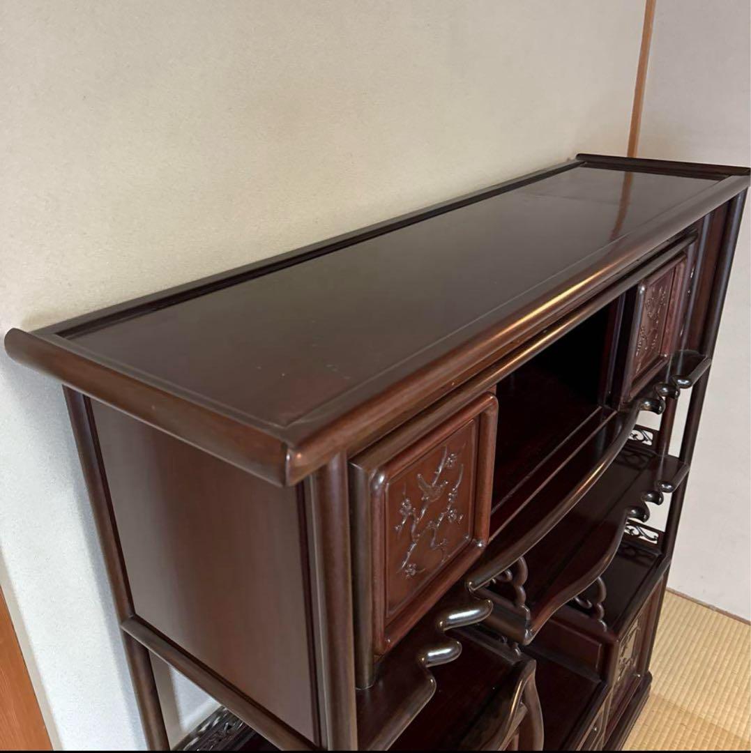 唐木家具 紫檀 茶箪笥 飾り棚 唐草透彫り