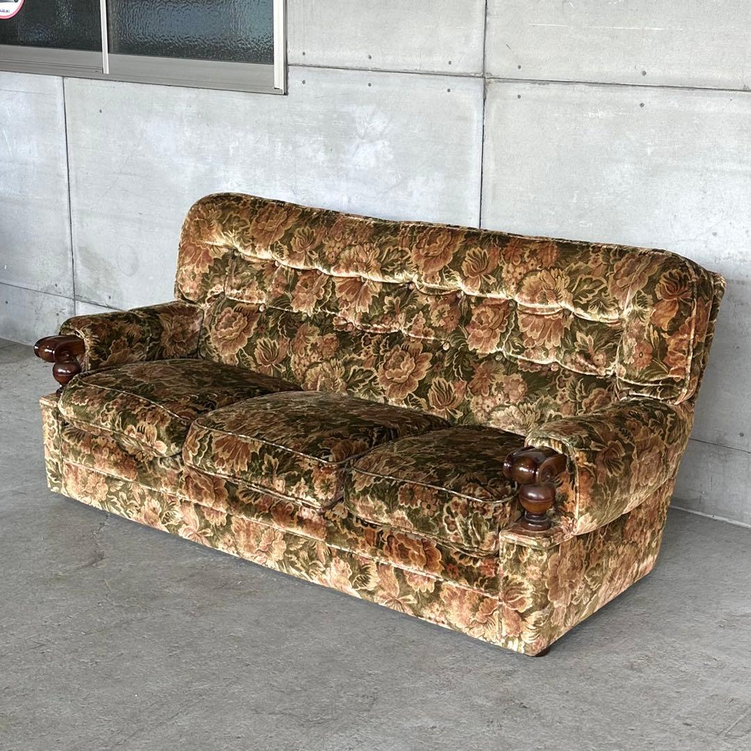 ✦70s✦ karimoku ソファー 花柄ベルベット × 重厚ウッドアーム