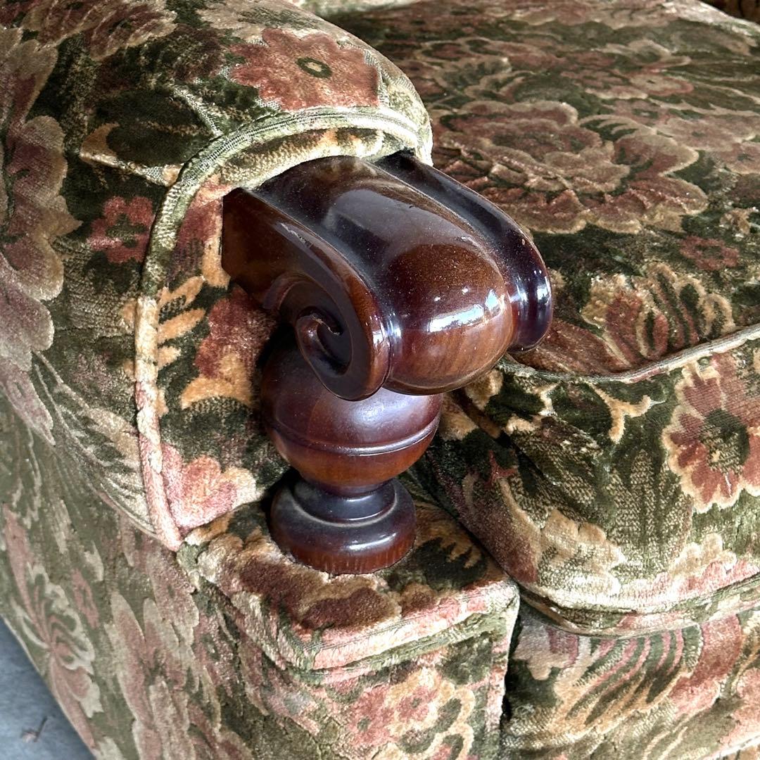 ✦70s✦ karimoku ソファー 花柄ベルベット × 重厚ウッドアーム