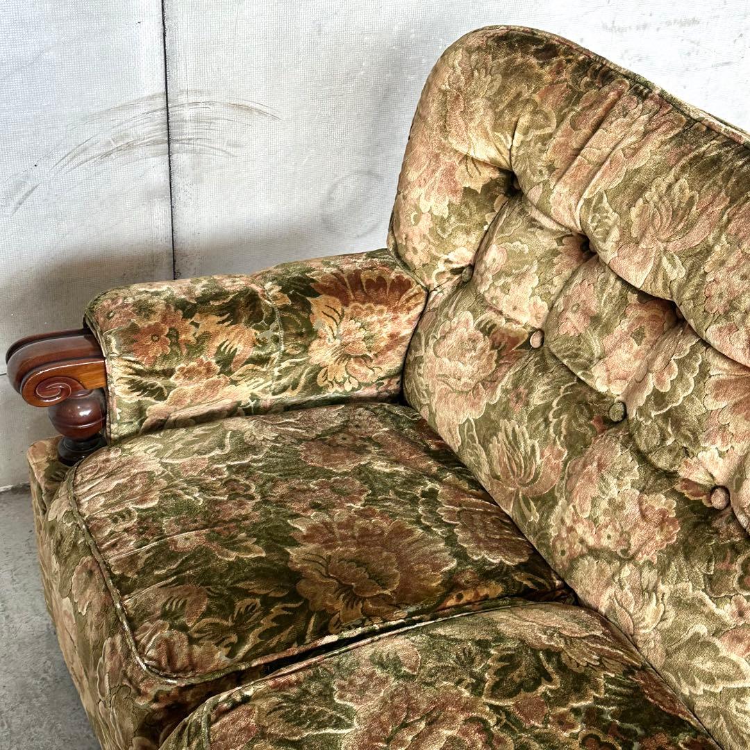 ✦70s✦ karimoku ソファー 花柄ベルベット × 重厚ウッドアーム