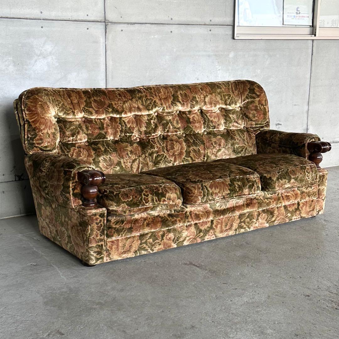✦70s✦ karimoku ソファー 花柄ベルベット × 重厚ウッドアーム