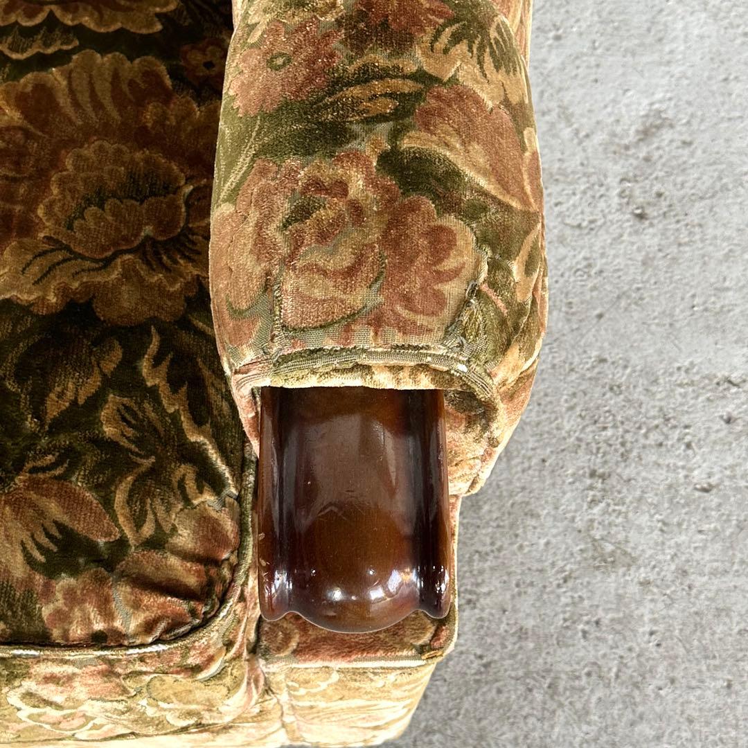 ✦70s✦ karimoku ソファー 花柄ベルベット × 重厚ウッドアーム