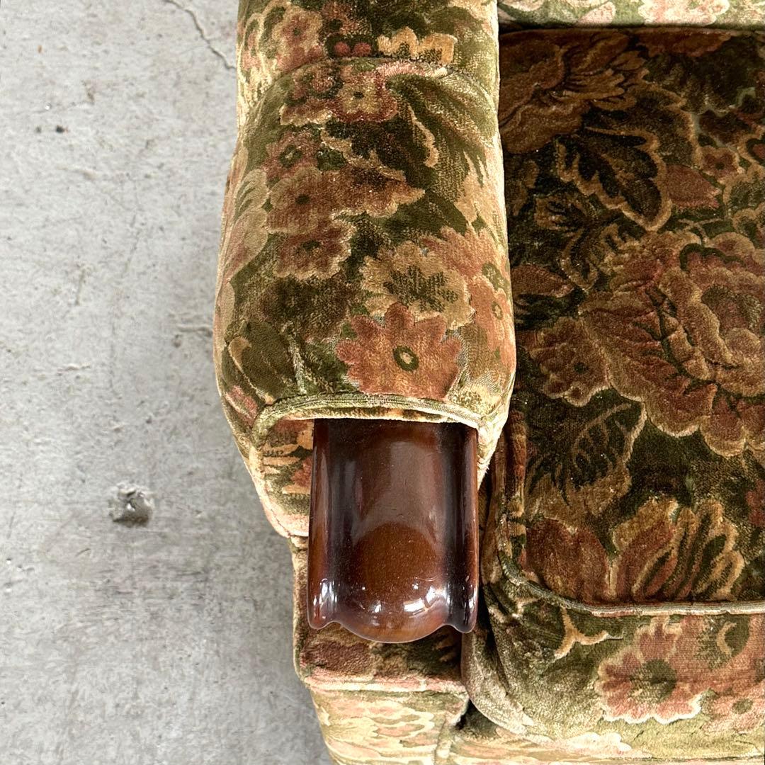 ✦70s✦ karimoku ソファー 花柄ベルベット × 重厚ウッドアーム