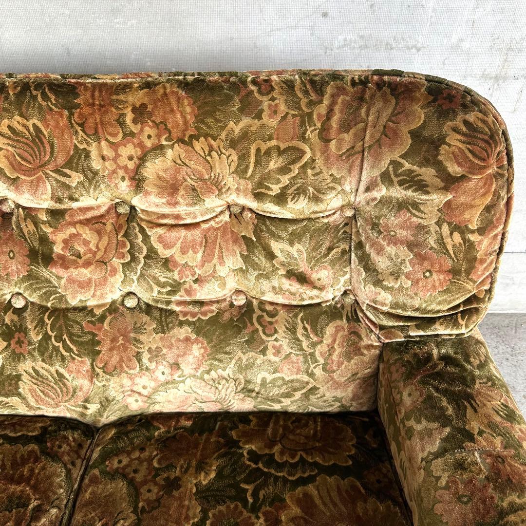 ✦70s✦ karimoku ソファー 花柄ベルベット × 重厚ウッドアーム