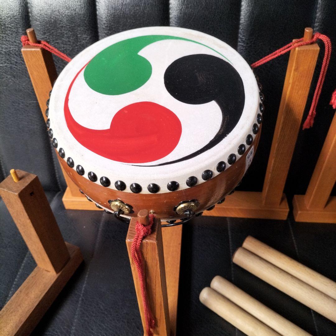 民謡 長唄 平胴太鼓 平太鼓（木製太鼓台 バチ付き）セット中古品