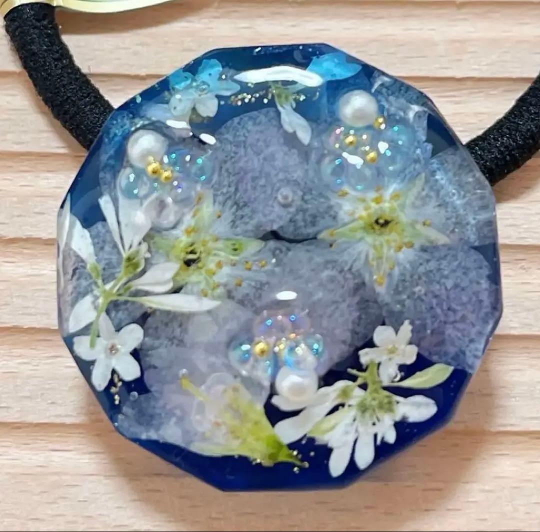 一点もの 桜 レジン フラワーヘアゴム ブルー 夜桜 透明感