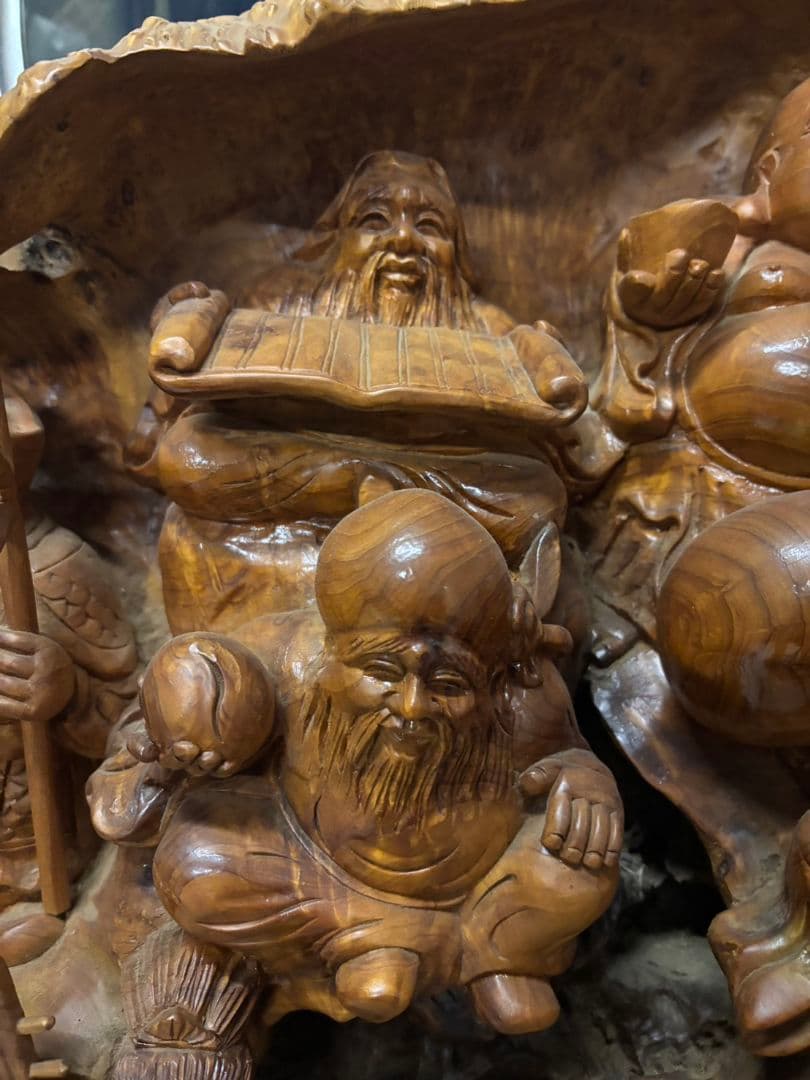 七福神 木彫り 彫刻　一刀彫　オブジェ　置物　天然木