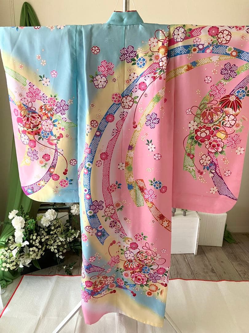 美品！７歳着物 ピンク 水色 花柄