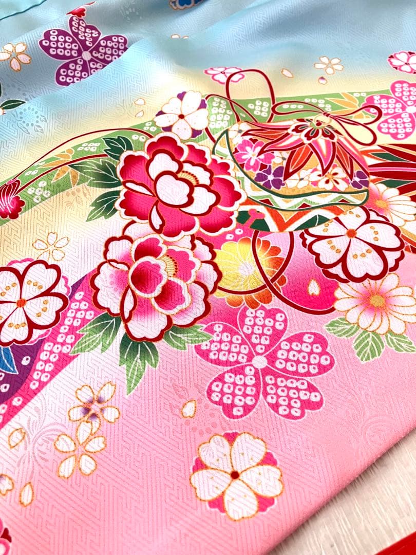 美品！７歳着物 ピンク 水色 花柄