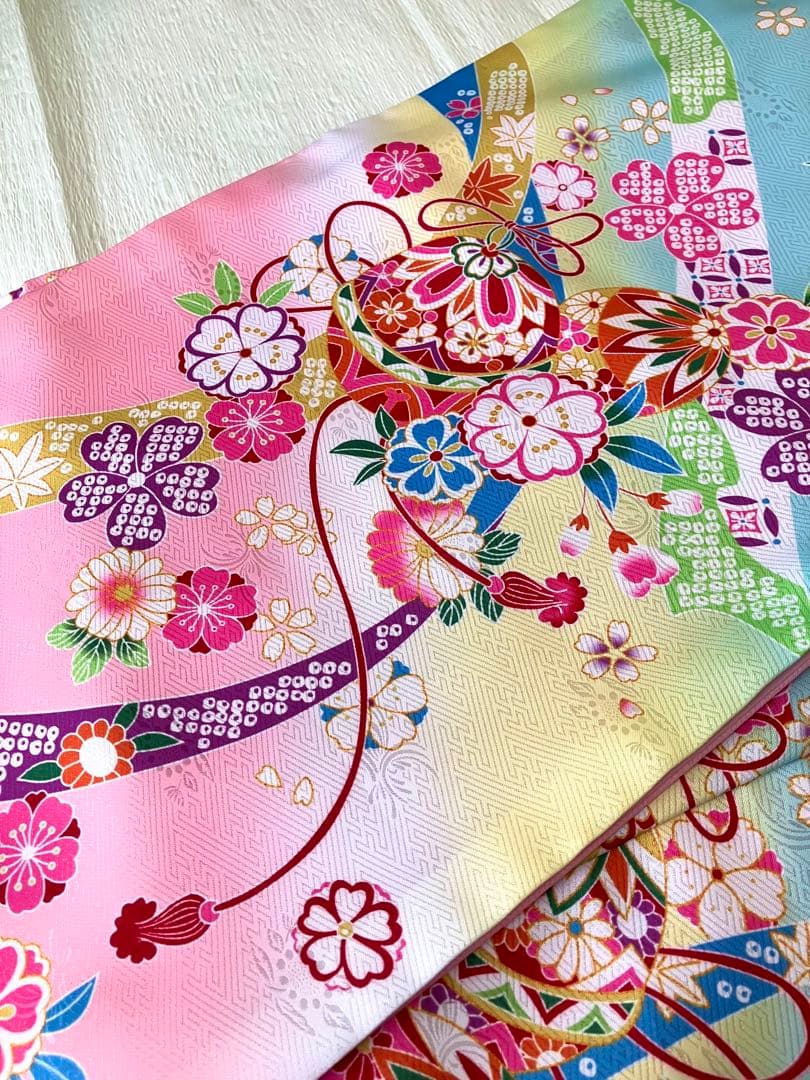 美品！７歳着物 ピンク 水色 花柄