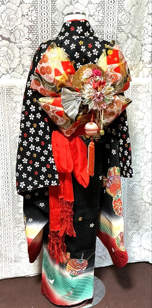 【中古】七五三女の子　四ツ身着物　長襦袢　作り帯　帯揚げ　帯締め　しごき　箱せこ