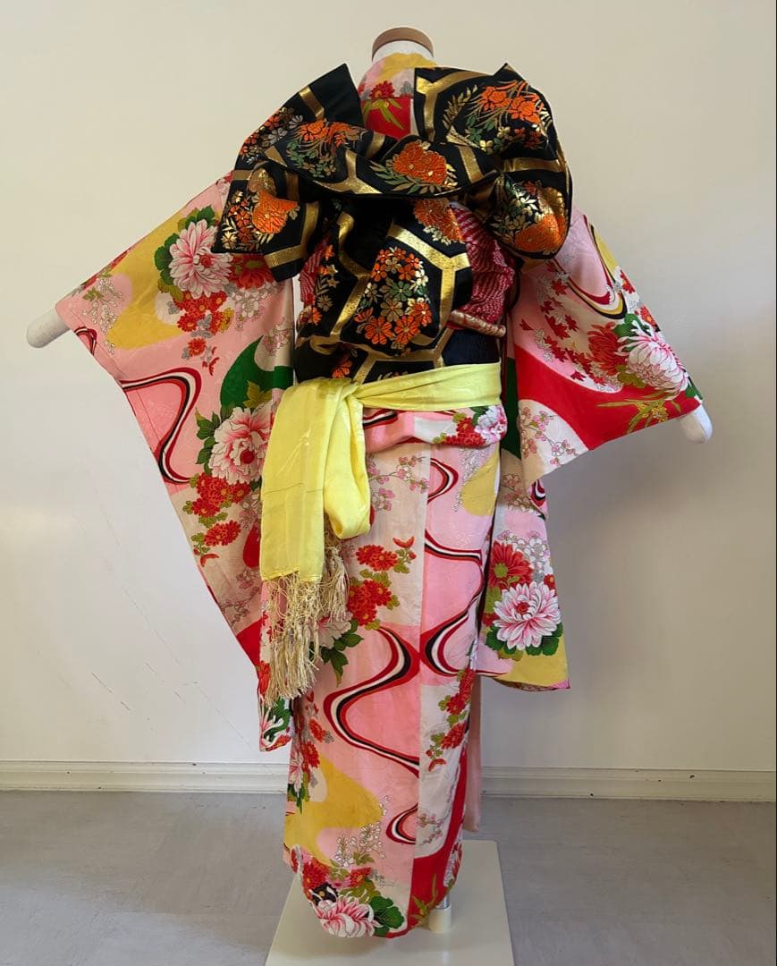 7歳　七五三　アンティーク正絹着物、アンティーク帯、帯揚げ、帯締めのセット