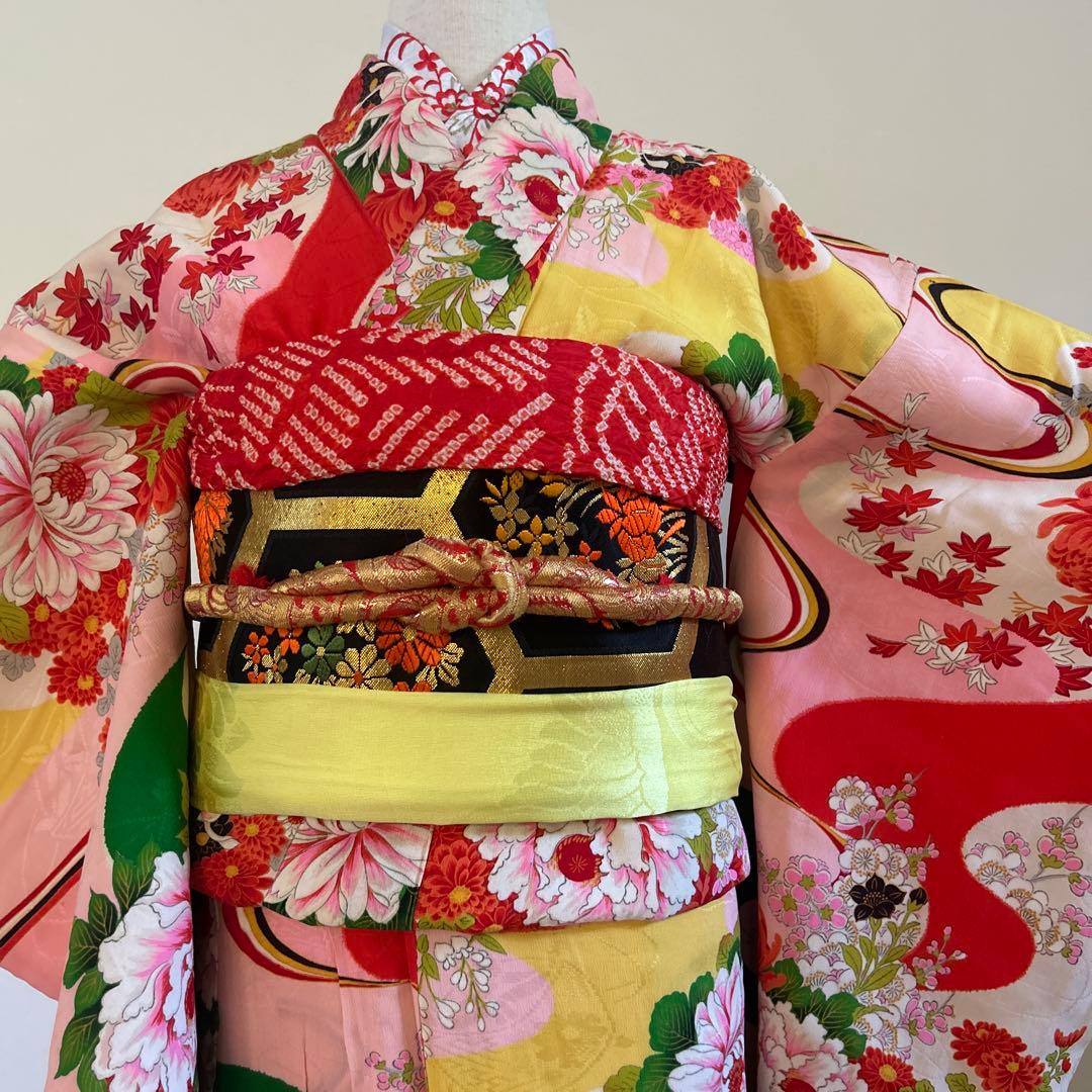 7歳　七五三　アンティーク正絹着物、アンティーク帯、帯揚げ、帯締めのセット